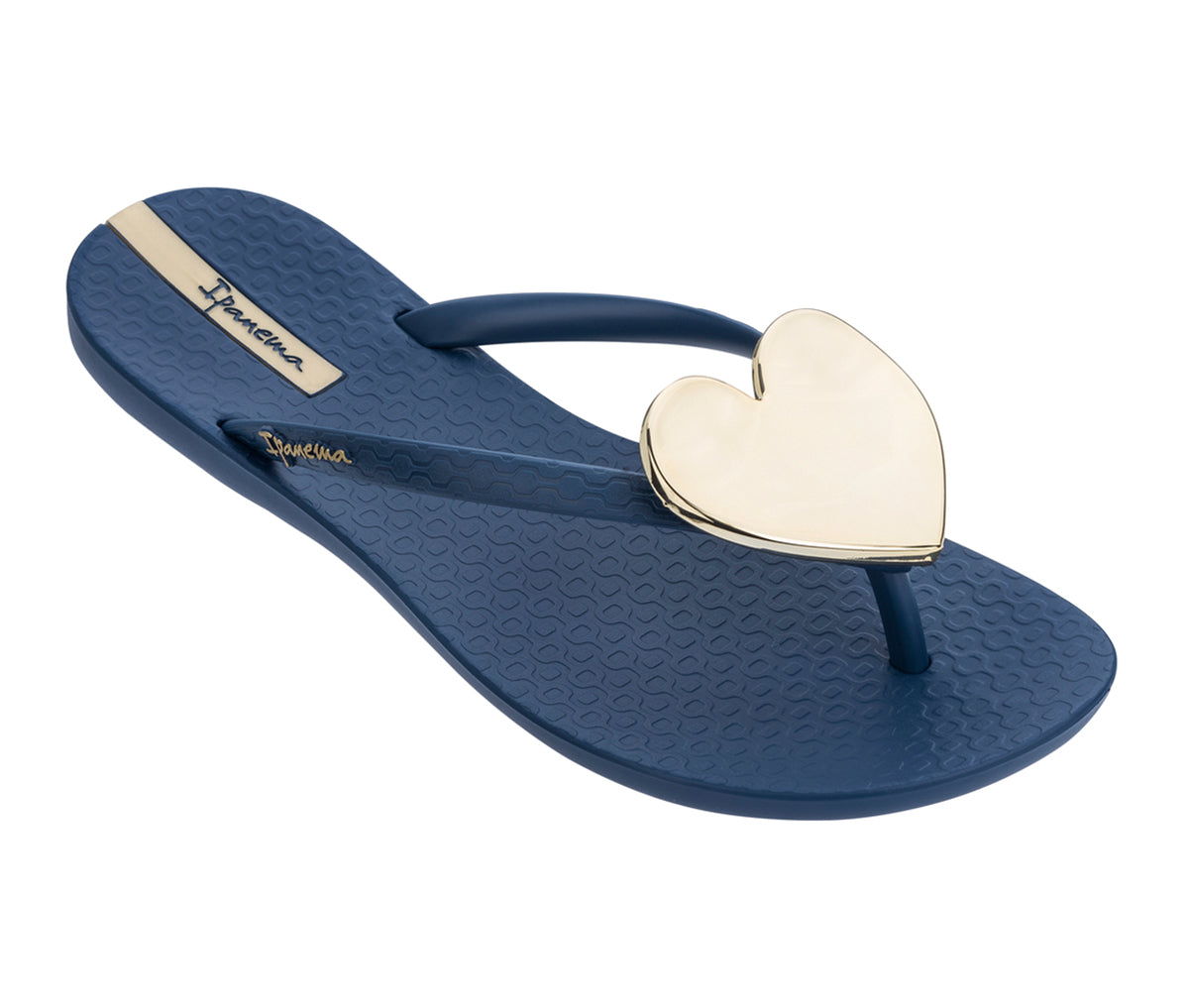 Angled view of a blue Ipanema Wave Heart flip flops with a gold heart.