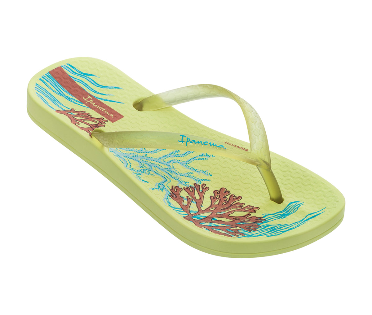 Angled view of a yellow Ipanema Ana Glossy flip flop kids with an under the sea print on the footbed.